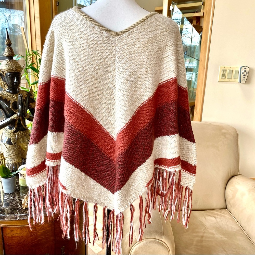 Sun & Shadow Cream and Russet Red Chevron Poncho with Fringe.